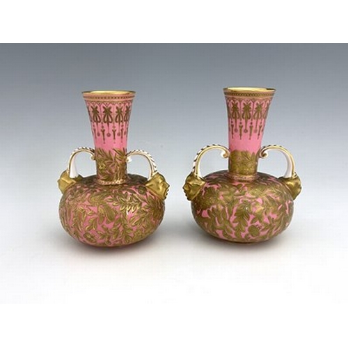 929 - A pair of Royal Crown Derby Aesthetic Movement twin handled vases, circa 1880, squat bulbous form, t... 