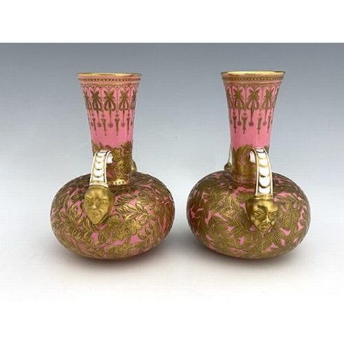 929 - A pair of Royal Crown Derby Aesthetic Movement twin handled vases, circa 1880, squat bulbous form, t... 