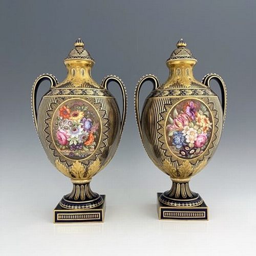 932 - James Rouse Senior for Royal Crown Derby, a pair of twin handled floral and fruit painted vases and ... 