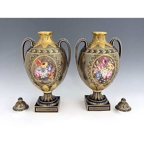 932 - James Rouse Senior for Royal Crown Derby, a pair of twin handled floral and fruit painted vases and ... 