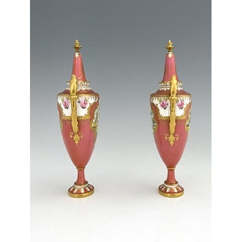 935 - A pair of Royal Crown Derby exotic bird painted vases and covers, 1909, twin handled pedestal urn fo... 