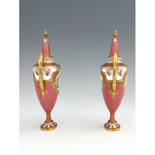 935 - A pair of Royal Crown Derby exotic bird painted vases and covers, 1909, twin handled pedestal urn fo... 