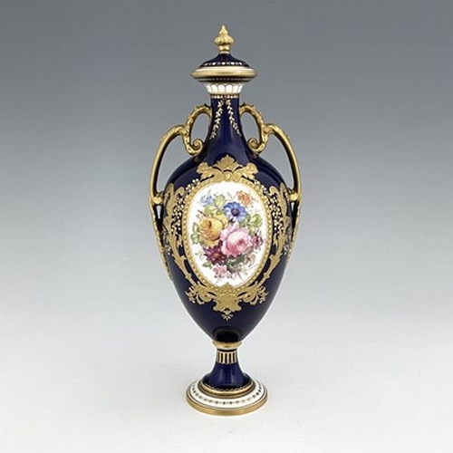 936 - Harris for Royal Crown Derby, a floral painted vase and cover, 1906, twin handled pedestal urn form,... 