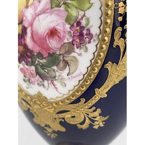 936 - Harris for Royal Crown Derby, a floral painted vase and cover, 1906, twin handled pedestal urn form,... 