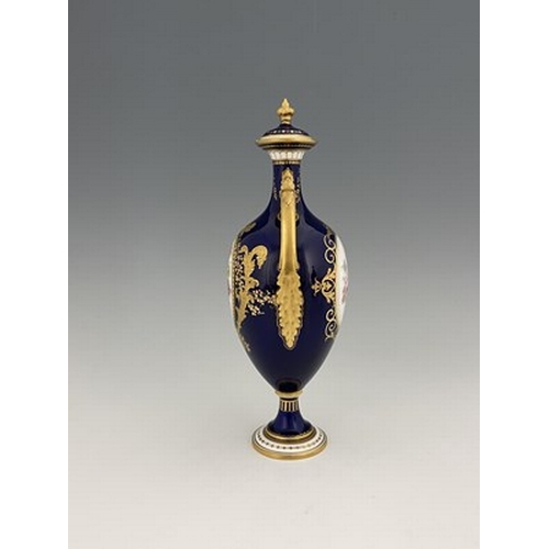 936 - Harris for Royal Crown Derby, a floral painted vase and cover, 1906, twin handled pedestal urn form,... 