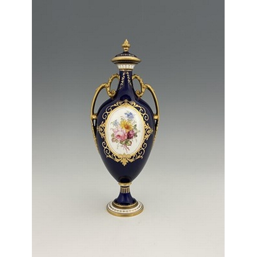 936 - Harris for Royal Crown Derby, a floral painted vase and cover, 1906, twin handled pedestal urn form,... 