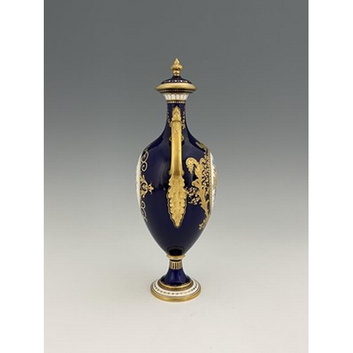 936 - Harris for Royal Crown Derby, a floral painted vase and cover, 1906, twin handled pedestal urn form,... 