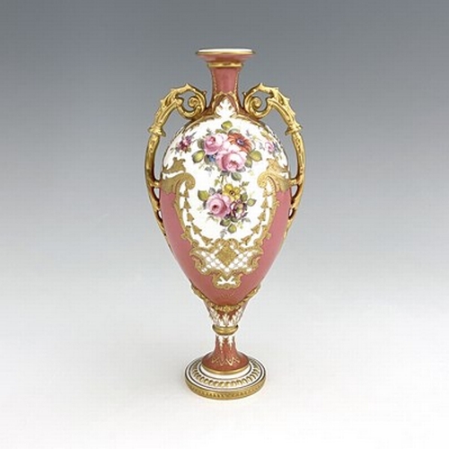 937 - Cuthbert Gresley for Royal Crown Derby, a floral painted pedestal vase, 1908, twin handled urn form,... 