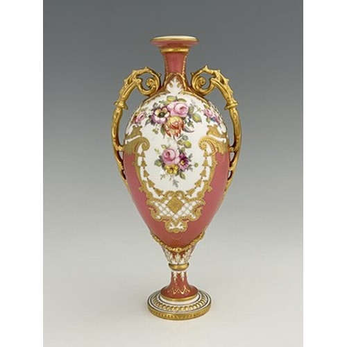 937 - Cuthbert Gresley for Royal Crown Derby, a floral painted pedestal vase, 1908, twin handled urn form,... 