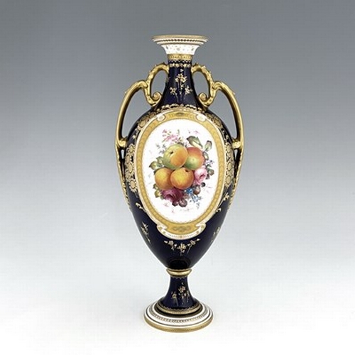 938 - Cuthbert Gresley for Royal Crown Derby, a fruit painted vase, 1903, twin handled pedestal urn form, ... 