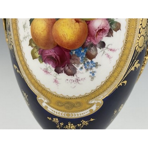 938 - Cuthbert Gresley for Royal Crown Derby, a fruit painted vase, 1903, twin handled pedestal urn form, ... 