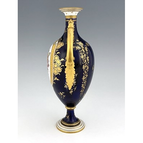 938 - Cuthbert Gresley for Royal Crown Derby, a fruit painted vase, 1903, twin handled pedestal urn form, ... 