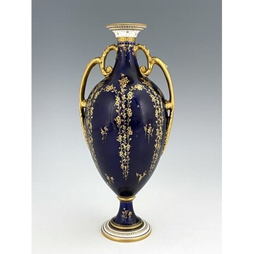 938 - Cuthbert Gresley for Royal Crown Derby, a fruit painted vase, 1903, twin handled pedestal urn form, ... 