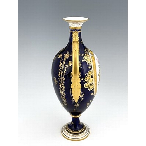 938 - Cuthbert Gresley for Royal Crown Derby, a fruit painted vase, 1903, twin handled pedestal urn form, ... 