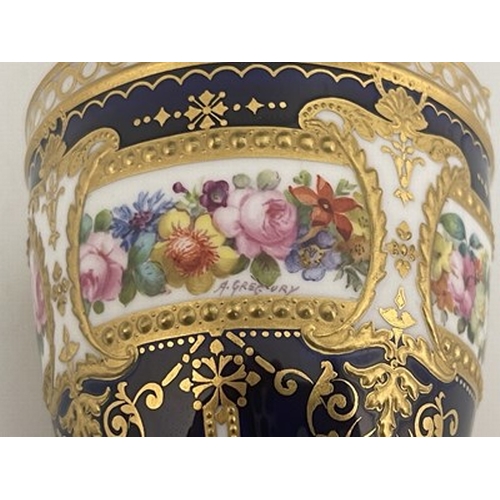 942 - Albert Gregory for Royal Crown Derby, a pair of floral painted ewers, shouldered urn form, decorated... 