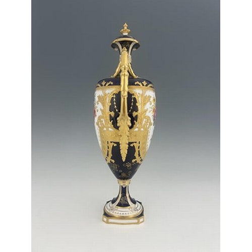 946 - Albert Gregory for Royal Crown Derby, a twin handled floral painted vase and cover, 1920, pedestal u... 