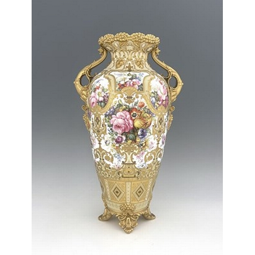 947 - Albert Gregory for Royal Crown Derby, a large floral painted twin handled vase, 1904, shouldered for... 