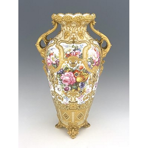 947 - Albert Gregory for Royal Crown Derby, a large floral painted twin handled vase, 1904, shouldered for... 