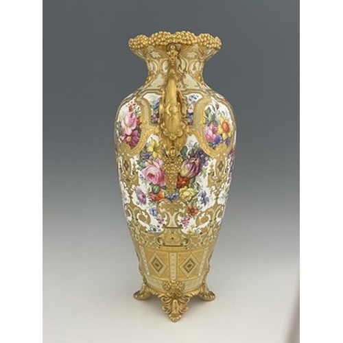 947 - Albert Gregory for Royal Crown Derby, a large floral painted twin handled vase, 1904, shouldered for... 