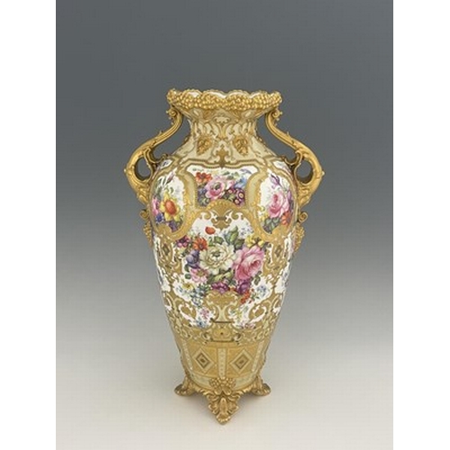 947 - Albert Gregory for Royal Crown Derby, a large floral painted twin handled vase, 1904, shouldered for... 