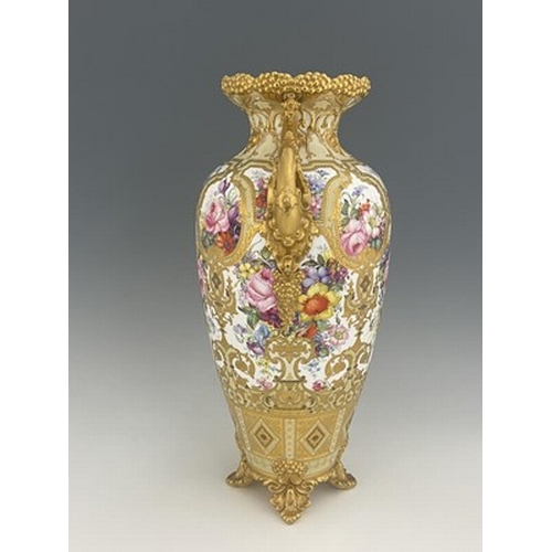 947 - Albert Gregory for Royal Crown Derby, a large floral painted twin handled vase, 1904, shouldered for... 