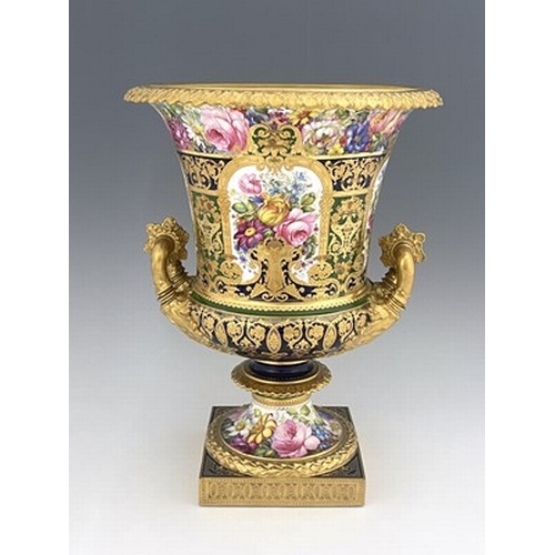 948 - Albert Gregory for Royal Grown Derby, a large floral painted Campana Urn vase, 1904, decorated with ... 