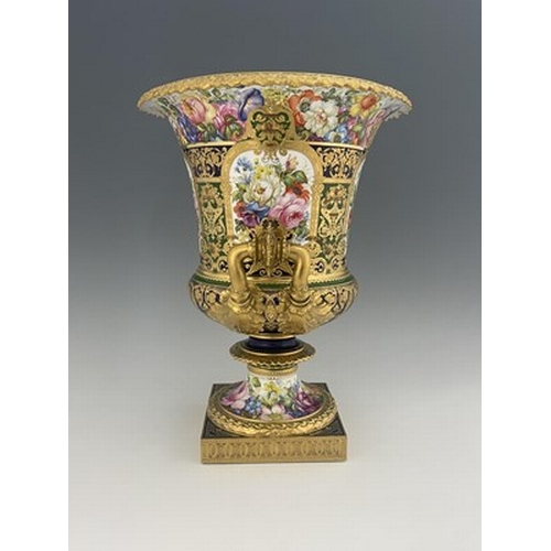 948 - Albert Gregory for Royal Grown Derby, a large floral painted Campana Urn vase, 1904, decorated with ... 