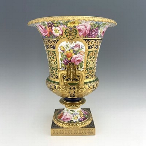 948 - Albert Gregory for Royal Grown Derby, a large floral painted Campana Urn vase, 1904, decorated with ... 