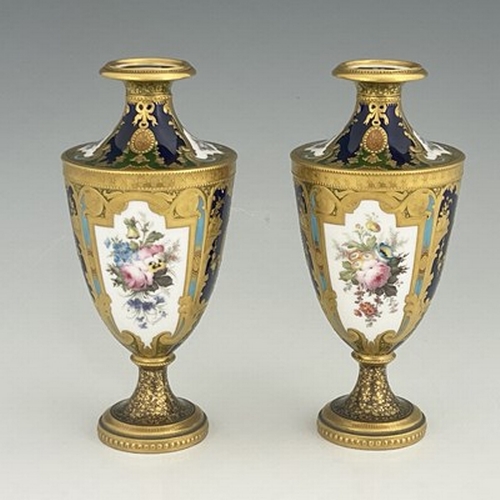 949 - Desire Leroy for Royal Crown Derby, a pair of floral painted vases, 1901, shouldered pedestal urn fo... 