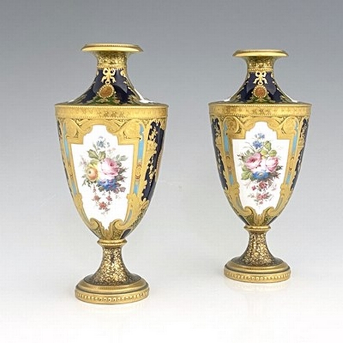 949 - Desire Leroy for Royal Crown Derby, a pair of floral painted vases, 1901, shouldered pedestal urn fo... 