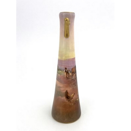 951 - Curnock for Royal Doulton, a twin handled vase, tapered form, painted with a ploughing scene as dusk... 