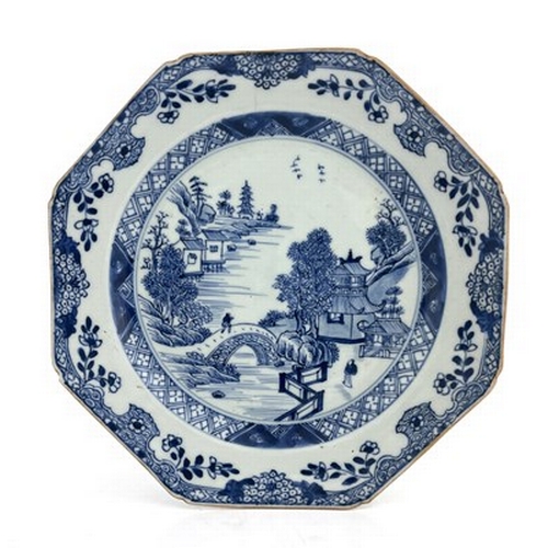 955 - A Chinese export blue and white porcelain plate, circa 1760, octagonal form painted in the man on br... 