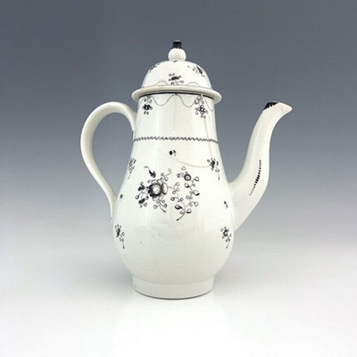 956 - A New Hall porcelain coffee pot, circa 1790, painted en grisaille in the rare 367 pattern, baluster ... 