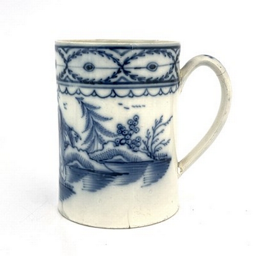 960 - An English pearlware tankard, circa 1770, cylindrical form, painted with a Chinese fisherman in a ri... 