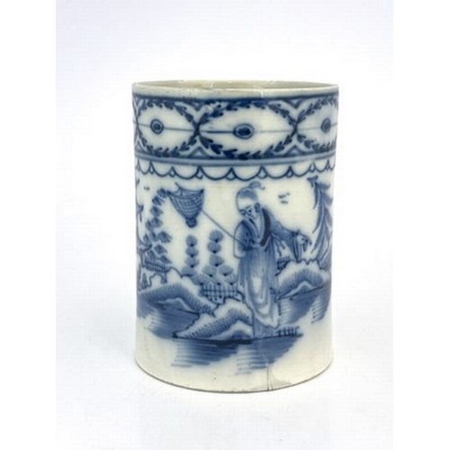 960 - An English pearlware tankard, circa 1770, cylindrical form, painted with a Chinese fisherman in a ri... 