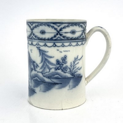 960 - An English pearlware tankard, circa 1770, cylindrical form, painted with a Chinese fisherman in a ri... 