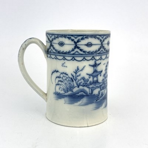 960 - An English pearlware tankard, circa 1770, cylindrical form, painted with a Chinese fisherman in a ri... 