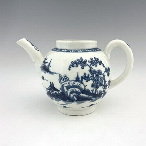 962 - A Worcester blue and white miniature teapot, crescent mark, circa 1760, painted in the Canonball pat... 