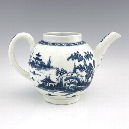 962 - A Worcester blue and white miniature teapot, crescent mark, circa 1760, painted in the Canonball pat... 