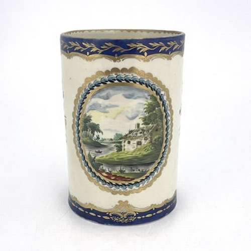 965 - A Worcester Dalhousie mug, crescent mark, circa 1785, cylindrical form, painted with a central oval ... 