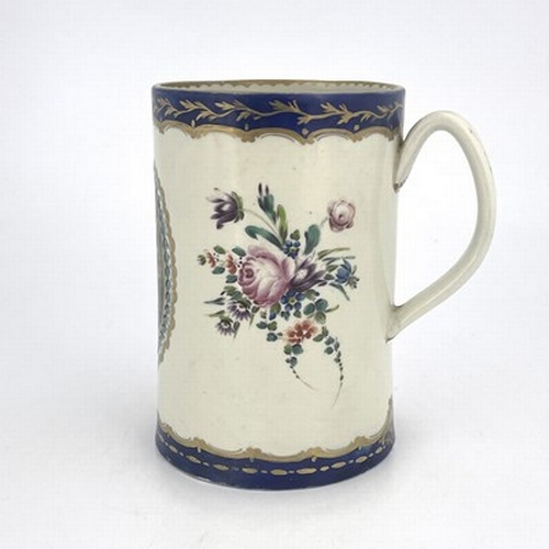 965 - A Worcester Dalhousie mug, crescent mark, circa 1785, cylindrical form, painted with a central oval ... 