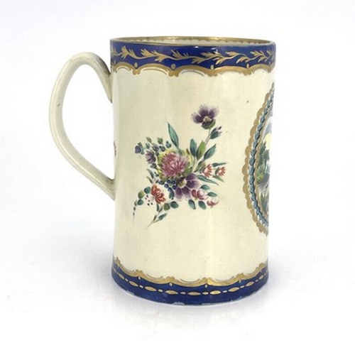 965 - A Worcester Dalhousie mug, crescent mark, circa 1785, cylindrical form, painted with a central oval ... 