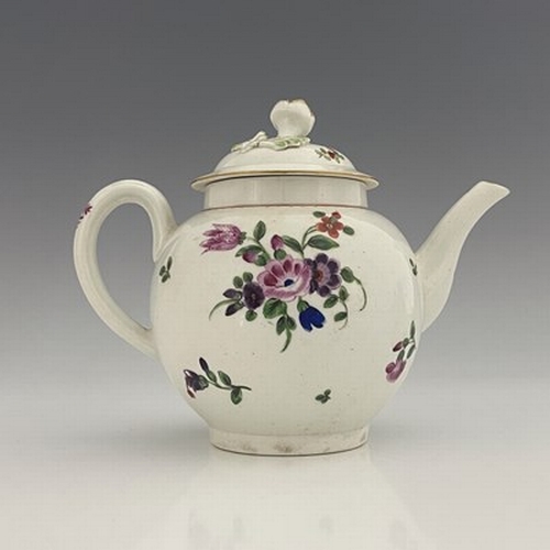 968 - A Worcester polychrome teapot and cover, circa 1765, painted in the Back to Back Floral pattern, sph... 