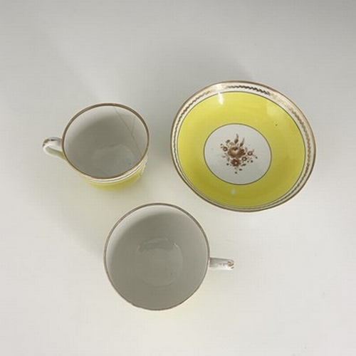 972 - A Coalport trio, two cups and saucer, circa 1790, painted with gilded floral motif on yellow ground ... 