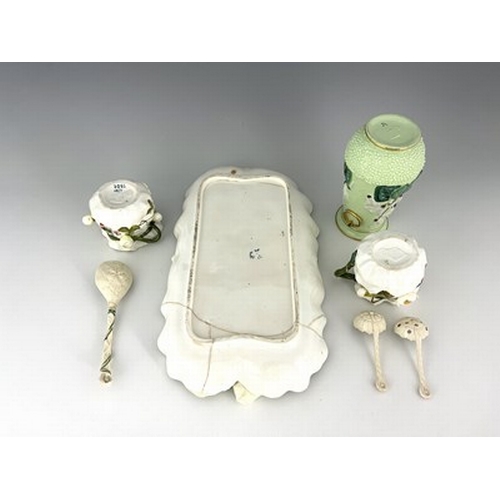 978 - George Jones, a relief moulded and pianted strawberry set, including tray, bowl and jug, with three ... 