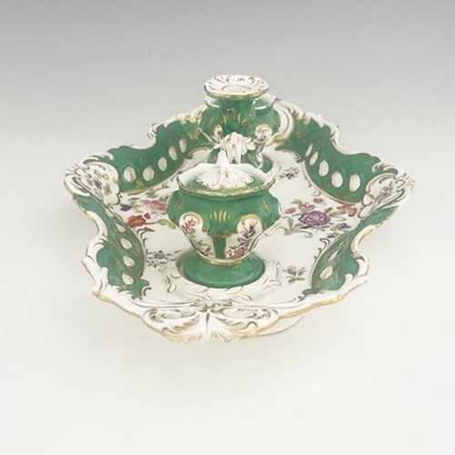 980 - A Coalport desk stand, including a pair of inkwells and covers, and candlestick, painted with flower... 