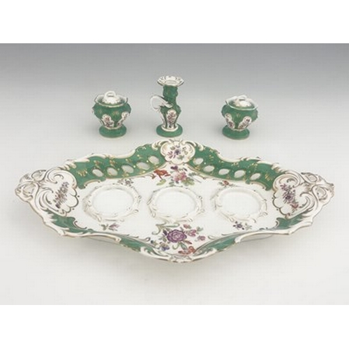 980 - A Coalport desk stand, including a pair of inkwells and covers, and candlestick, painted with flower... 