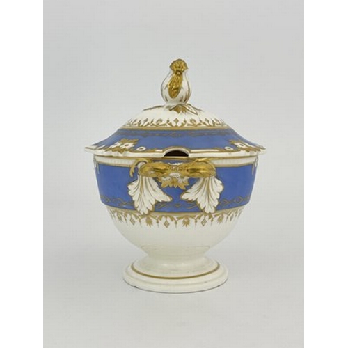 985 - A Bloor Derby sauce tureen and cover, circa 1835, circular form, domed cover with bud finial, powder... 