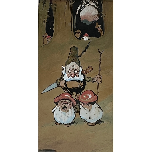 385 - C C. Liemann ?, Art and Crafts school, Gnomes and Singing Mushrooms, a pair, watercolours, signed l.... 