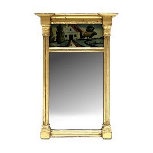 1034 - A Regency giltwood pier glass of small proportions, circa 1820, projecting cornice, the frieze with ... 